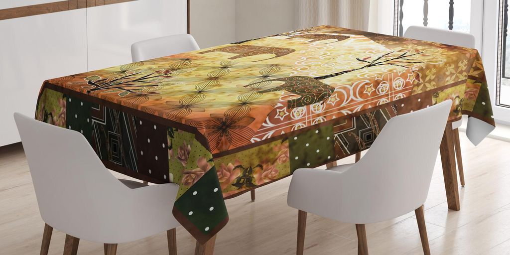 ABAKUHAUS afrikanisch Tischdecke, Patchwork Inspiriertes Muster Grunge Vintage Elefanten Bäume Rosen Muster, 140 x 240 cm, Mehrfarbig