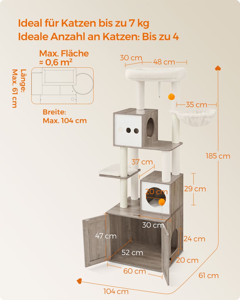 Feandrea Kratzbaum, mit Katzenklo-Schrank, 185cm, Produktbild 6