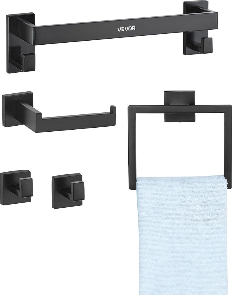 VEVOR Badezimmer Hardware Zubehör Set (5-tlg.) inkl. Handtuchstange (406,4 mm) & Handtuchhalter (quadratischer Ring) & 2 Haken & Toilettenpapierha...