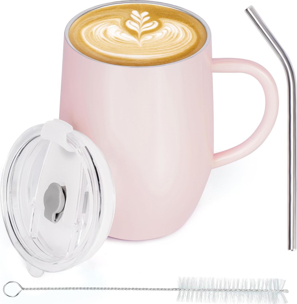 Belle Vous Edelstahl Thermobecher mit Henkel - 350 ml - Doppelwandiger Wiederverwendbarer Thermobecher mit Strohhalm & Deckel - Auslaufsicherer Vakuum