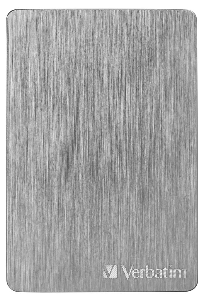 A close-up, top-down view of a silver external hard drive with a brushed metal finish.