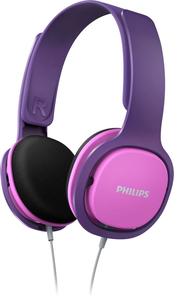 A pair of purple and pink Philips headphones against a white background.