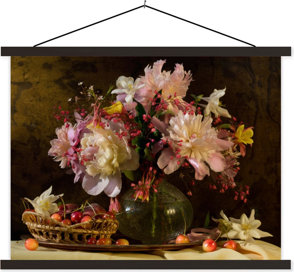 MuchoWow Textilposter Blumen - Korb - Obst 120x90 cm mit schwarzem Rahmen - Aufhänger für Poster