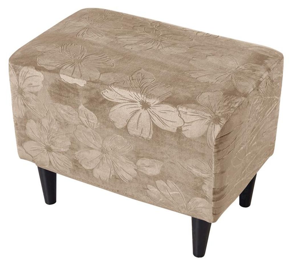 Hockerbezug / Poufbezug für Fußhocker und Pouf – Beige, Premium Velours, Hibiskusblüten, weich, elastisch, passgenauer Schutzbezug