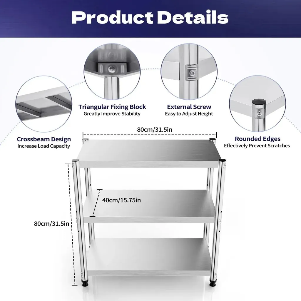 Table inox mobile 80x40 cm avec 3 plateaux et structure argentée robuste