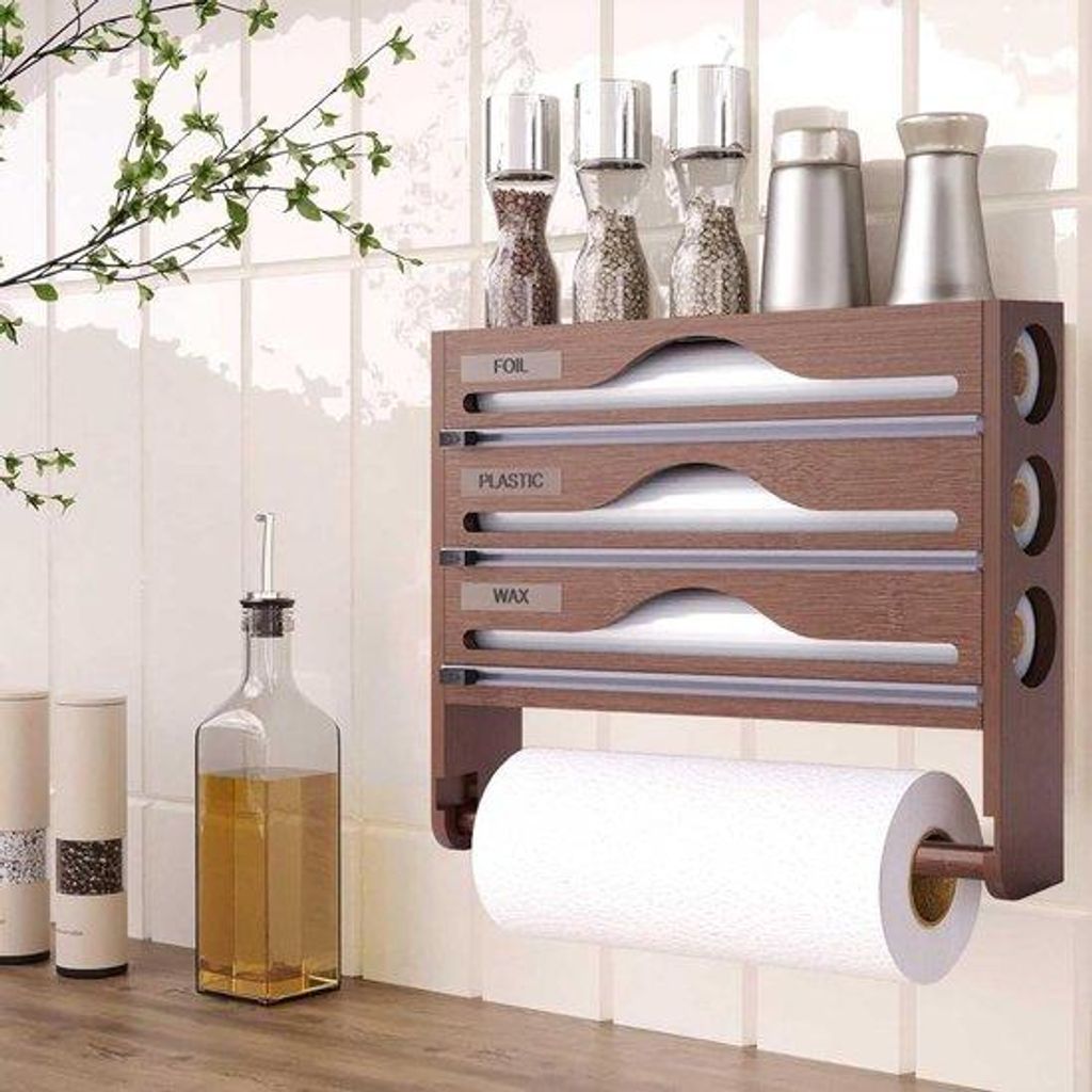 Aluminiumfoliedispenser mit Schneidwerkzeugen und Küchenrollehalter, braun