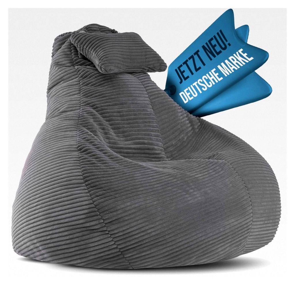 Sitzsack für Erwachsene mit integrierter Nackenstütze Cord | XXL Indoor Sitzsack mit Füllung | ideal als Chill-, Lese- oder Gaming-Sessel (90 x ...