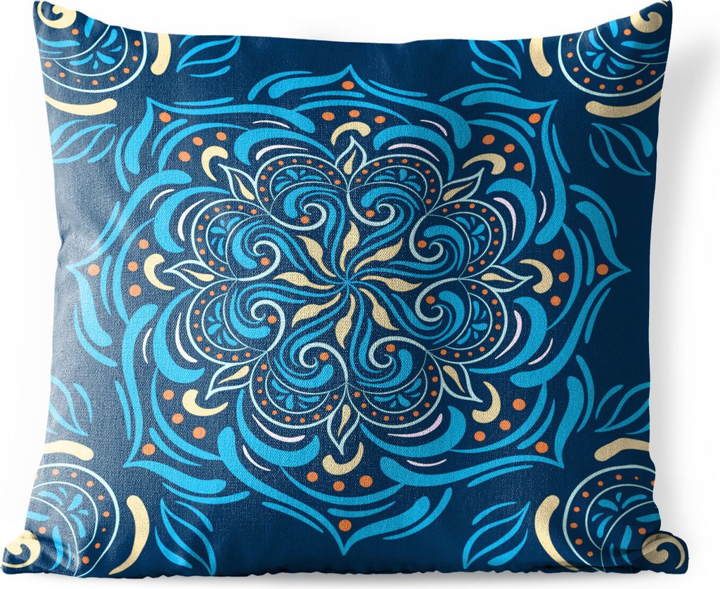 MuchoWow Outdoor Kissen - Mandala - Blau - Gelb - Muster - 50x50 cm - Wetterfest - Lounge Kissen - Komfortabel - Kissen mit Bild