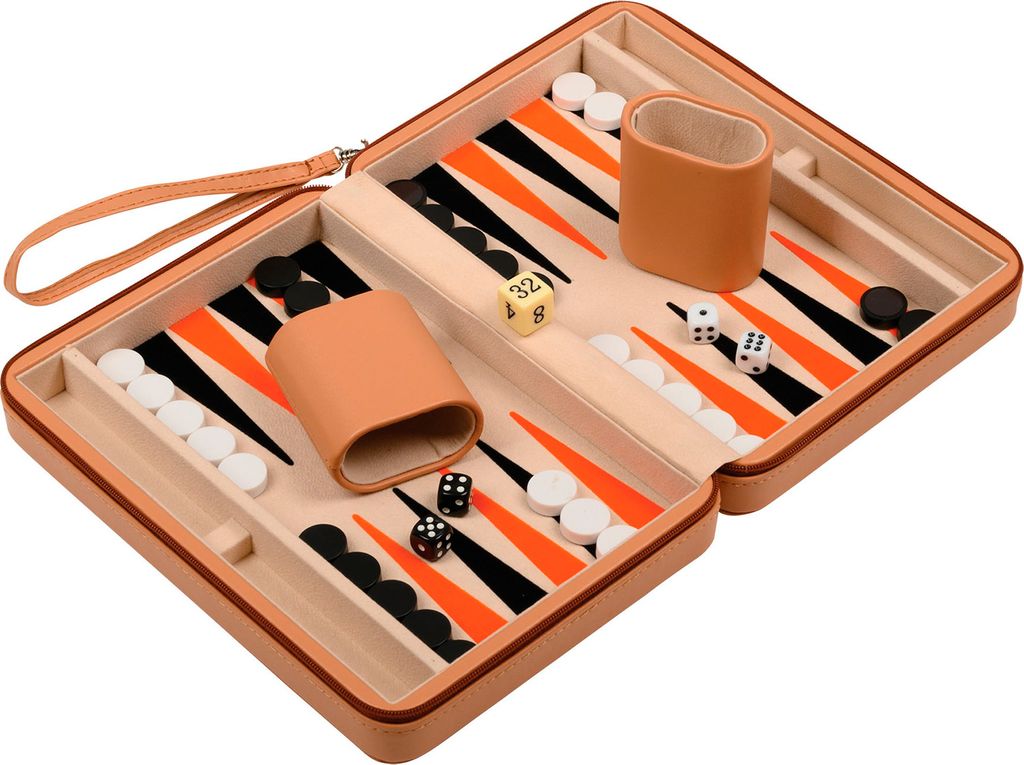 An open backgammon travel set with pieces and dice.