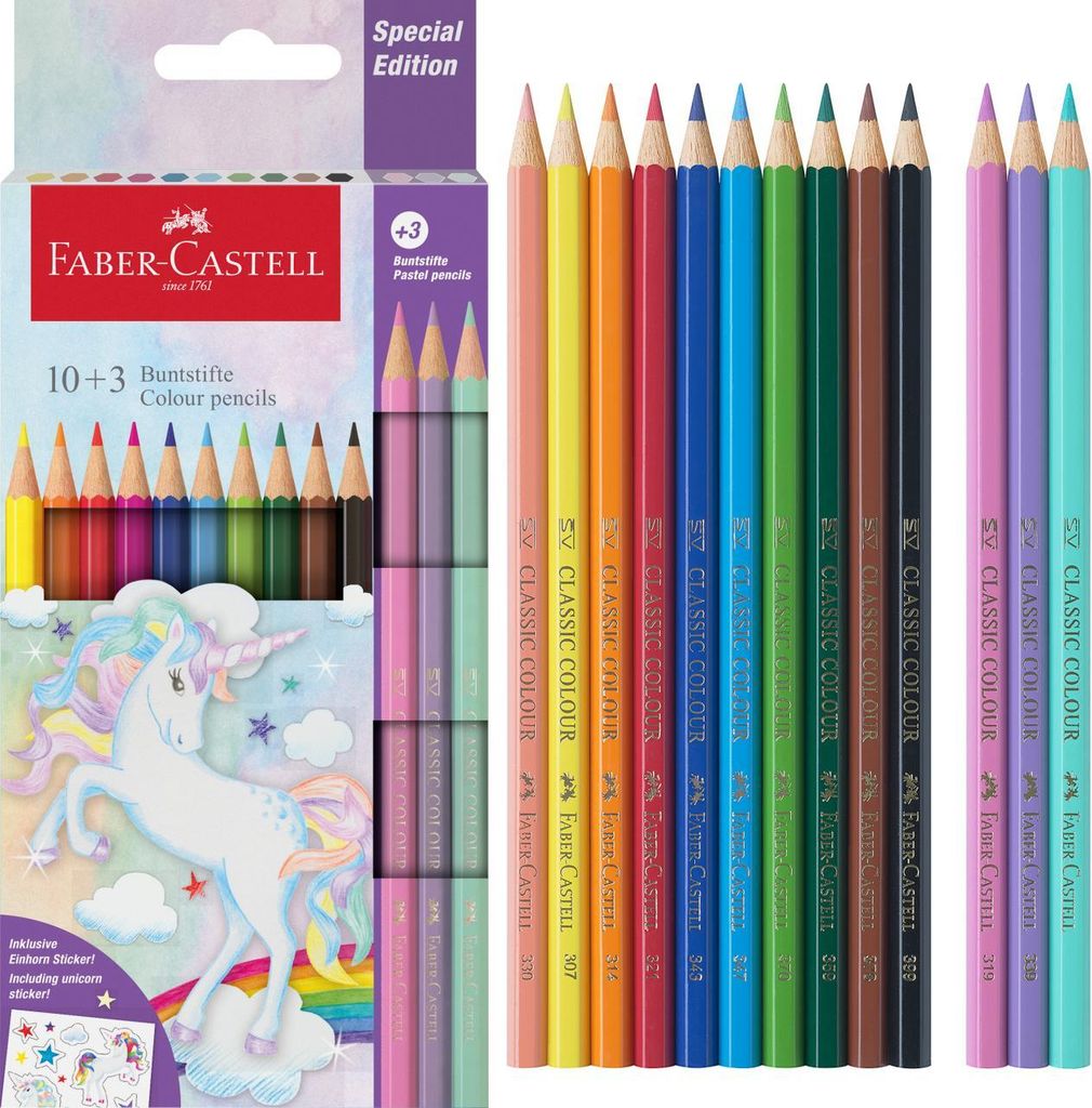 Würfel Buntstifte Einhorn Edition 10Standard + 3 Pastellfarben + Sticker Faber-Castell 111219 Fc