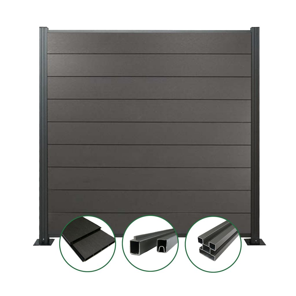 Woodstore24 - WPC Sichtschutzzaun - anthrazit – 4 x Zaun & 5 x Pfosten - 185 cm x 180 cm - Gartenzaun Komplettset - inkl. Pfosten anthrazit