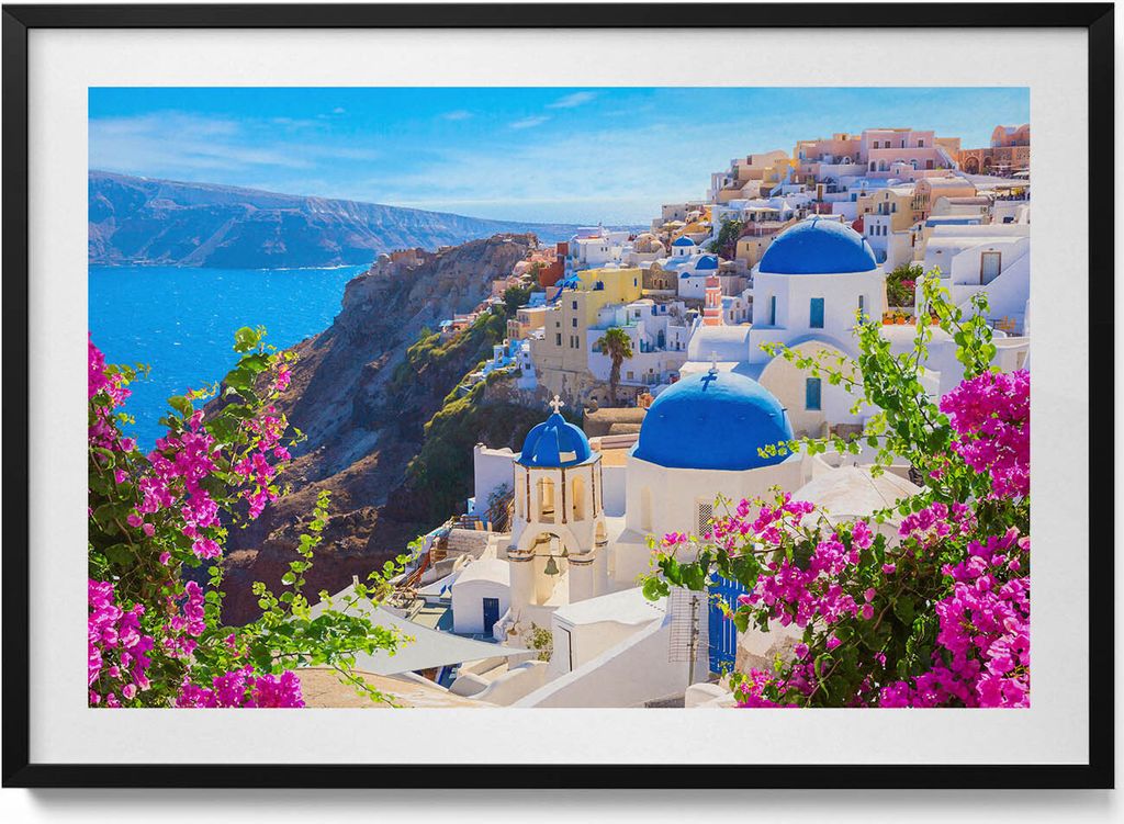 Blick auf die griechische Architektur von Santorin– Wandbild mit Rahmen – Gerahmtes Bild – Wanddekoration – 100x70 cm – Schwarz Rahmen