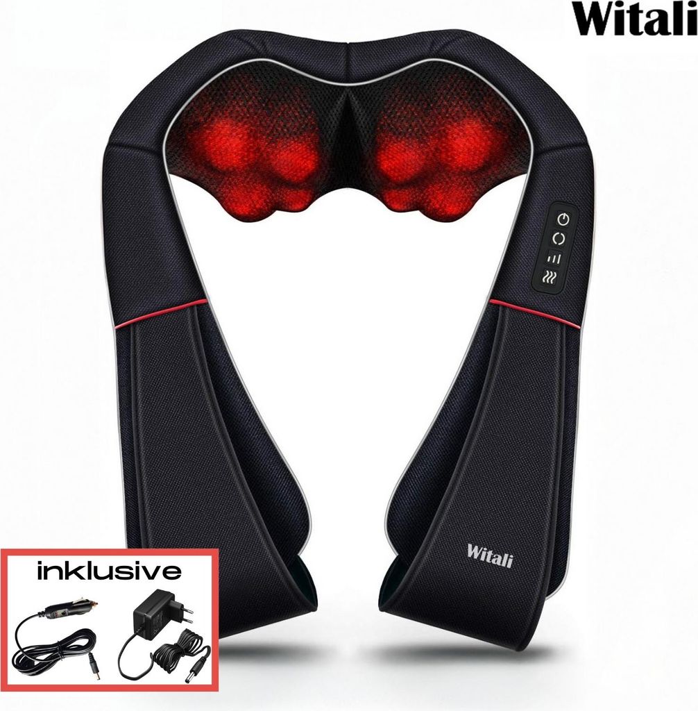 A black neck and shoulder massager with red heating elements, shown against a white background. Accessories are shown in a small inset box.