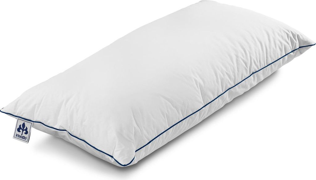 A white pillow with blue piping, shown from a diagonal angle on a white background.