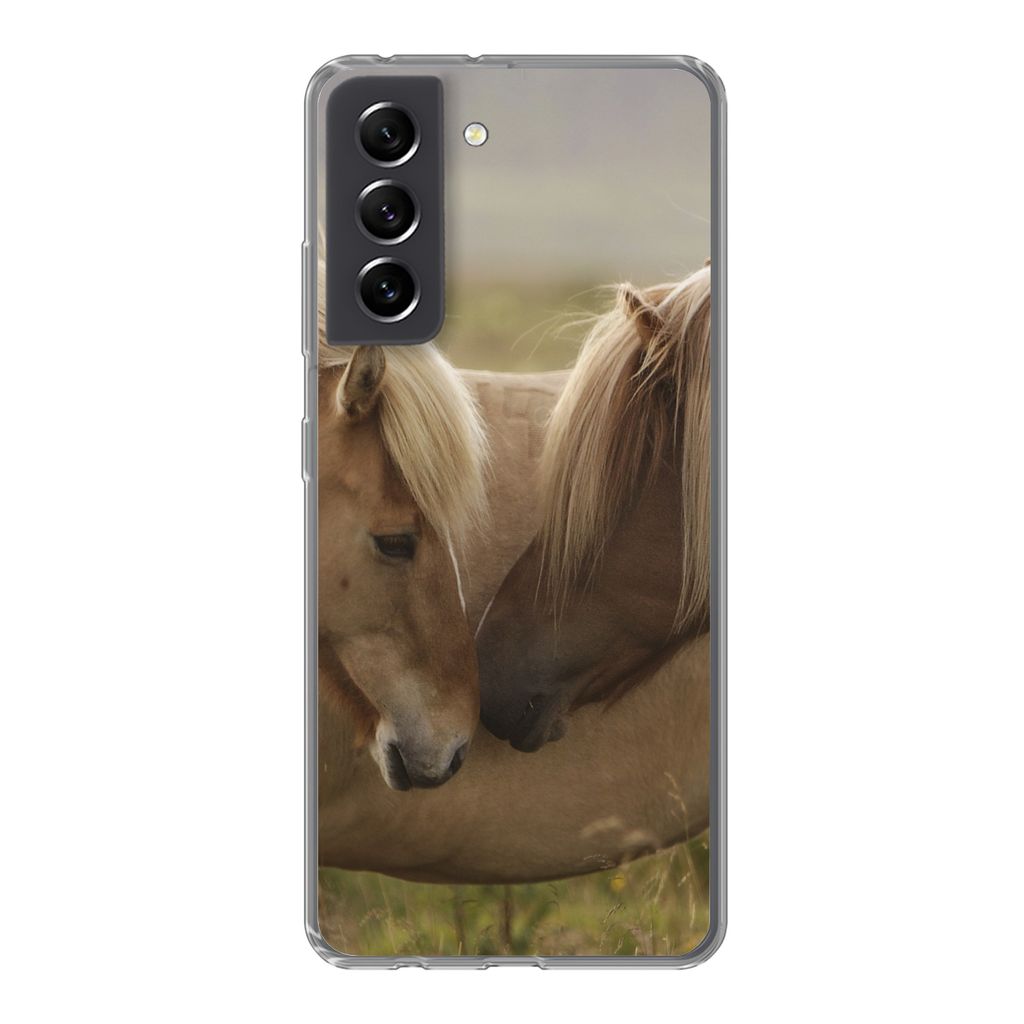 MuchoWow Handyhülle Schutzhülle Hülle für Samsung Galaxy S21 FE Pferde - Gras - Braun Silikon Softcase Handy Hülle - Mobiltelefonhülle