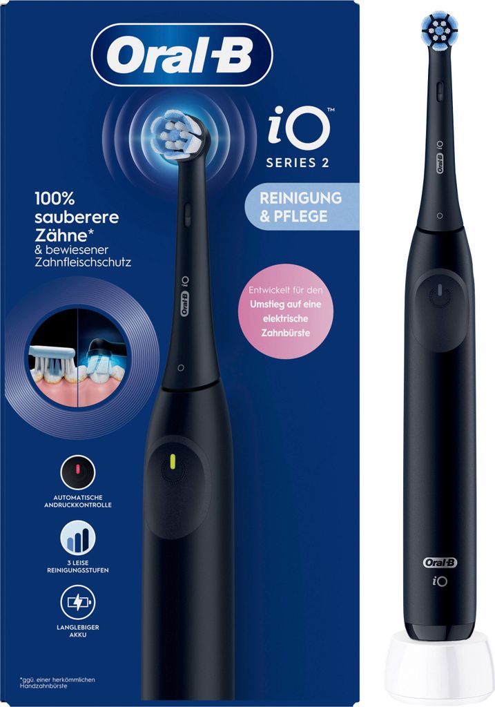 The image shows the packaging of an Oral-B electric toothbrush, with the product itself also visible.