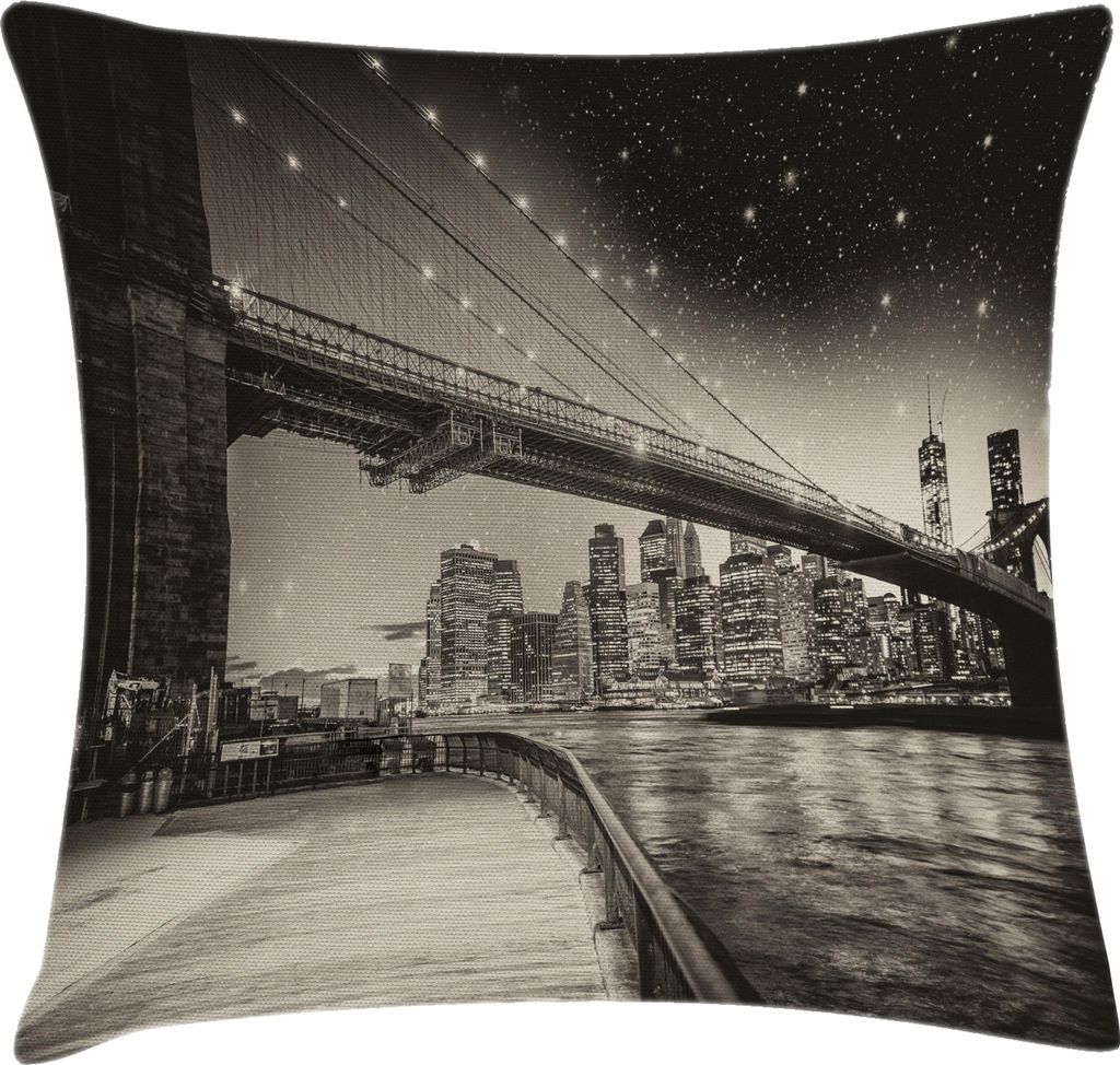 ABAKUHAUS New York Kissenbezug, Sommernacht in der Manhattan-Brooklyn-Brücken-Park-Fluss-Ufergegend-modernen Stadt, 40 x 40 cm, Dunkler Sepia Schwarz