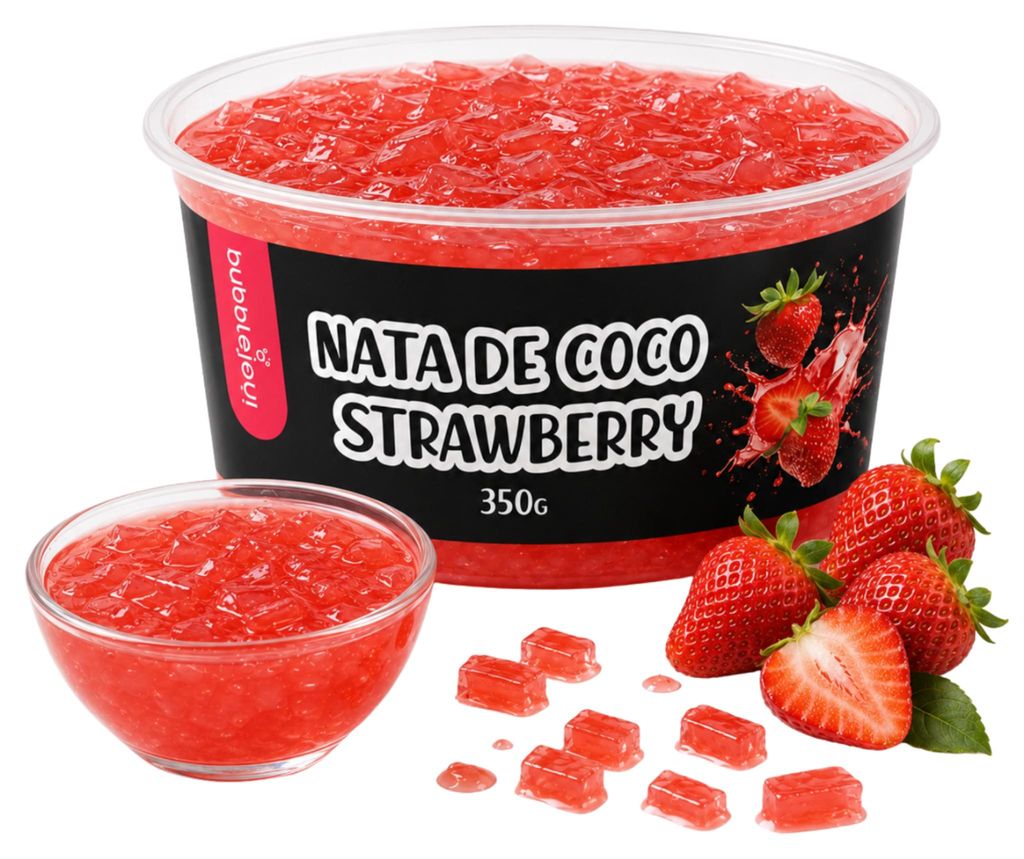 BubbleJoy Nata de Coco Aardbei, 350 g. Kokosgelblokjes voor Productafbeelding 