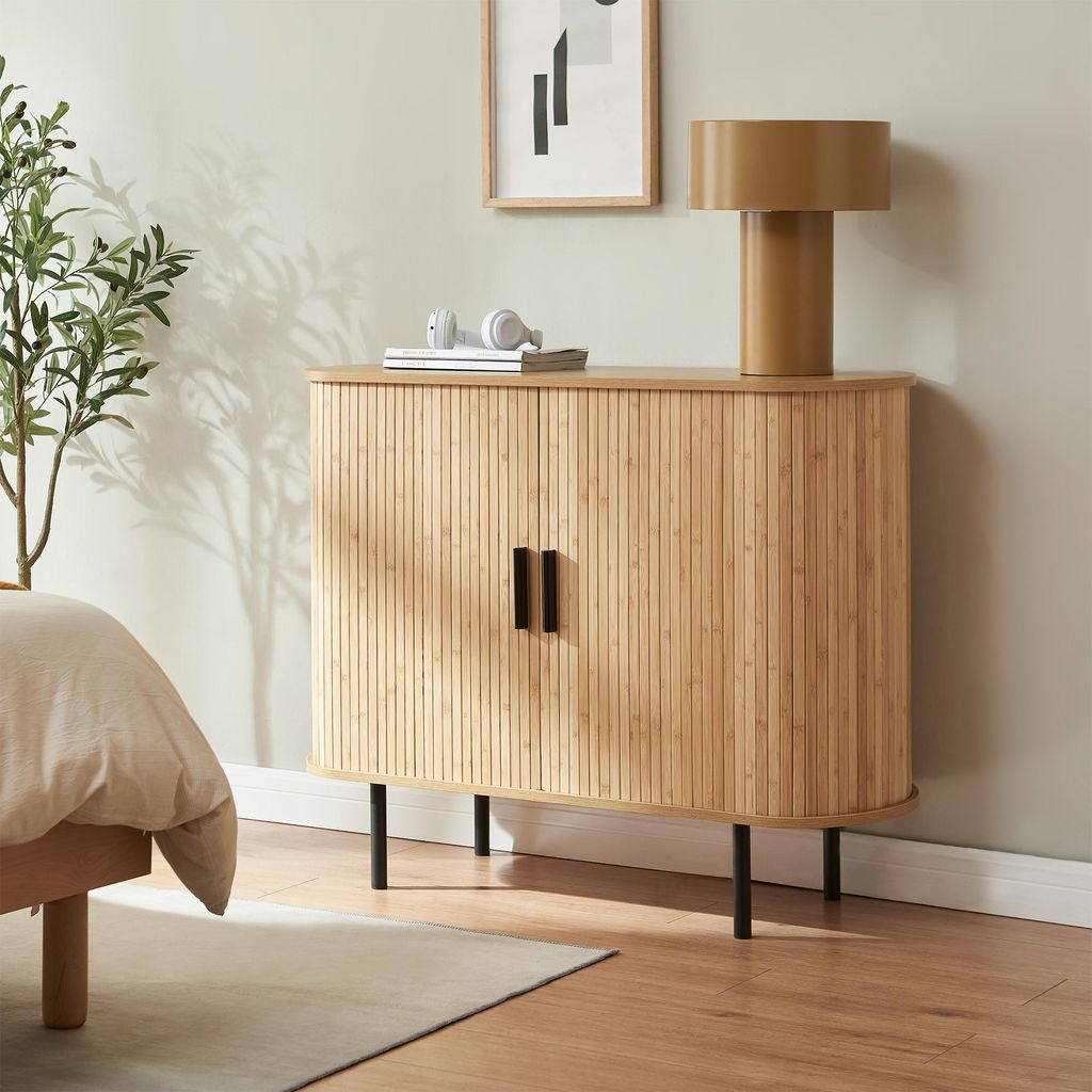Beistellschrank 'Tvedestrand' Schuhschrank mit 2 Türen aus Bambus 100 x 40 x 80 cm Natur / Schwarz