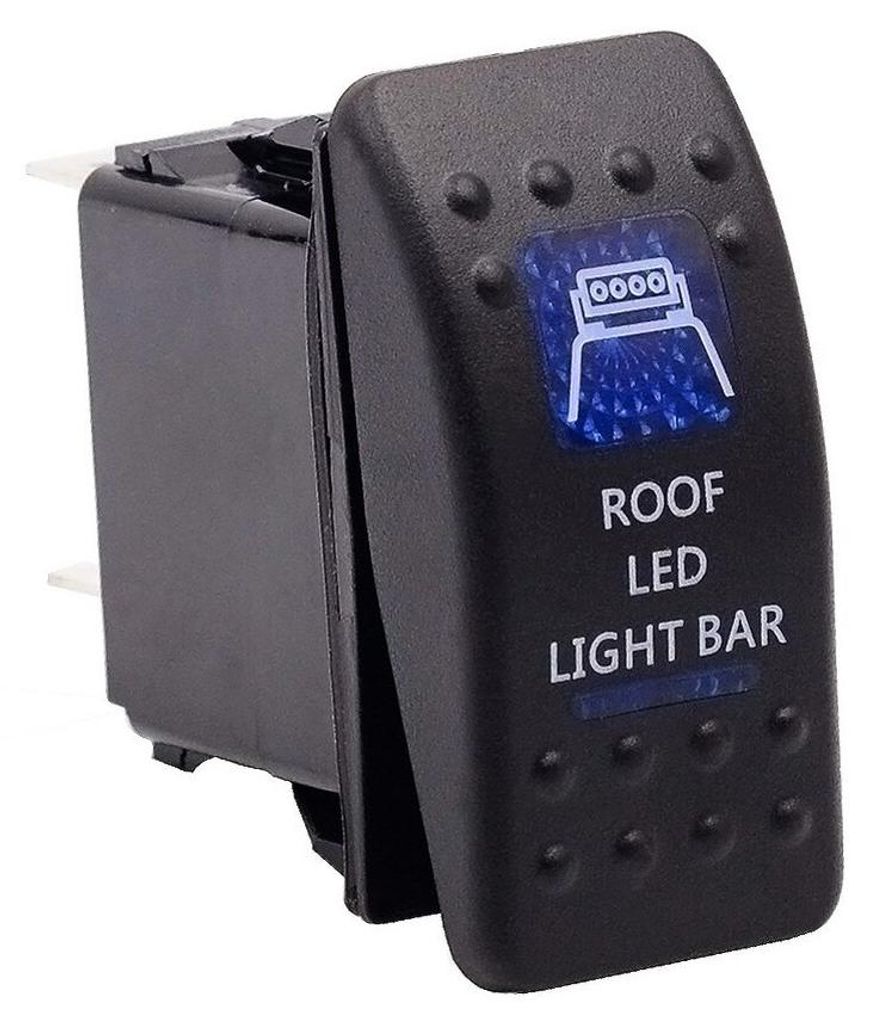 Knopf, Taster, zum Einbau, für LED-Lichtbalken, Halogenlichter, 12V - 24V, Beschriftung "ROOF LED LIGHT BAR", blaues Licht