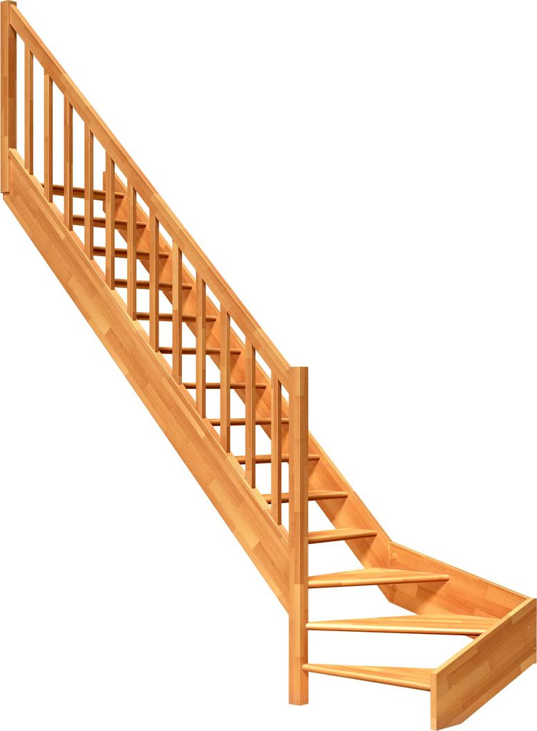 Dolle Raumspartreppe Paris ohne Setzstufen Buche versiegelt Treppenlauf 1/4 gewendelt unten links Rechteckstäbe