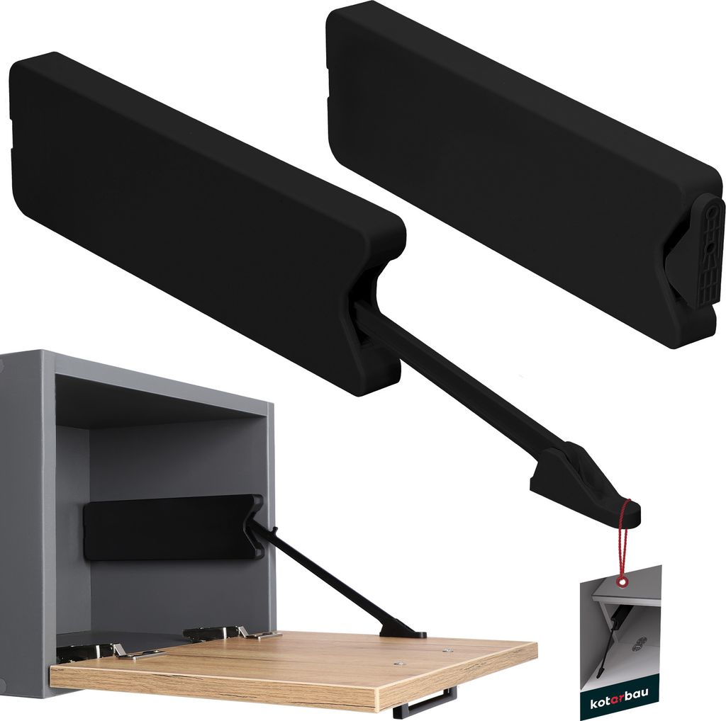A black cabinet hinge is shown attached to a cabinet door and frame, with two additional hinges shown in the upper right corner.