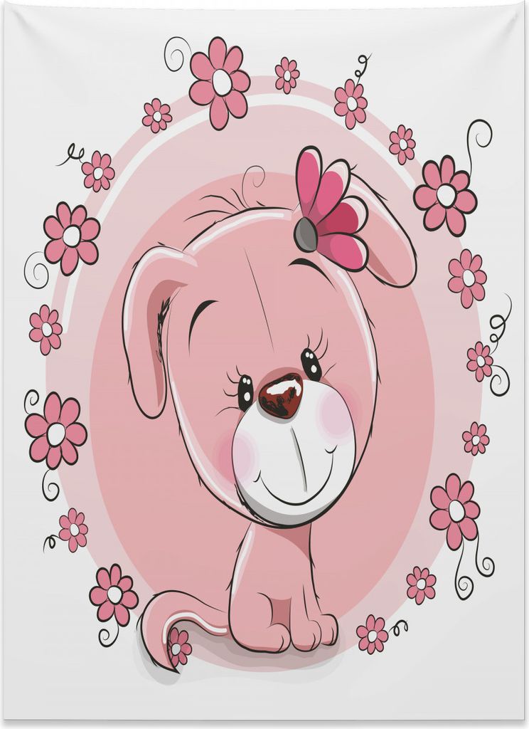 Abakuhaus Hund Wandteppich, Cute Puppy Daisy Blumen aus Weiches Mikrofaser Stoff Kein Verblassen Klare Farben Waschbar, 110 x 150 cm, Hellrosa Wei...