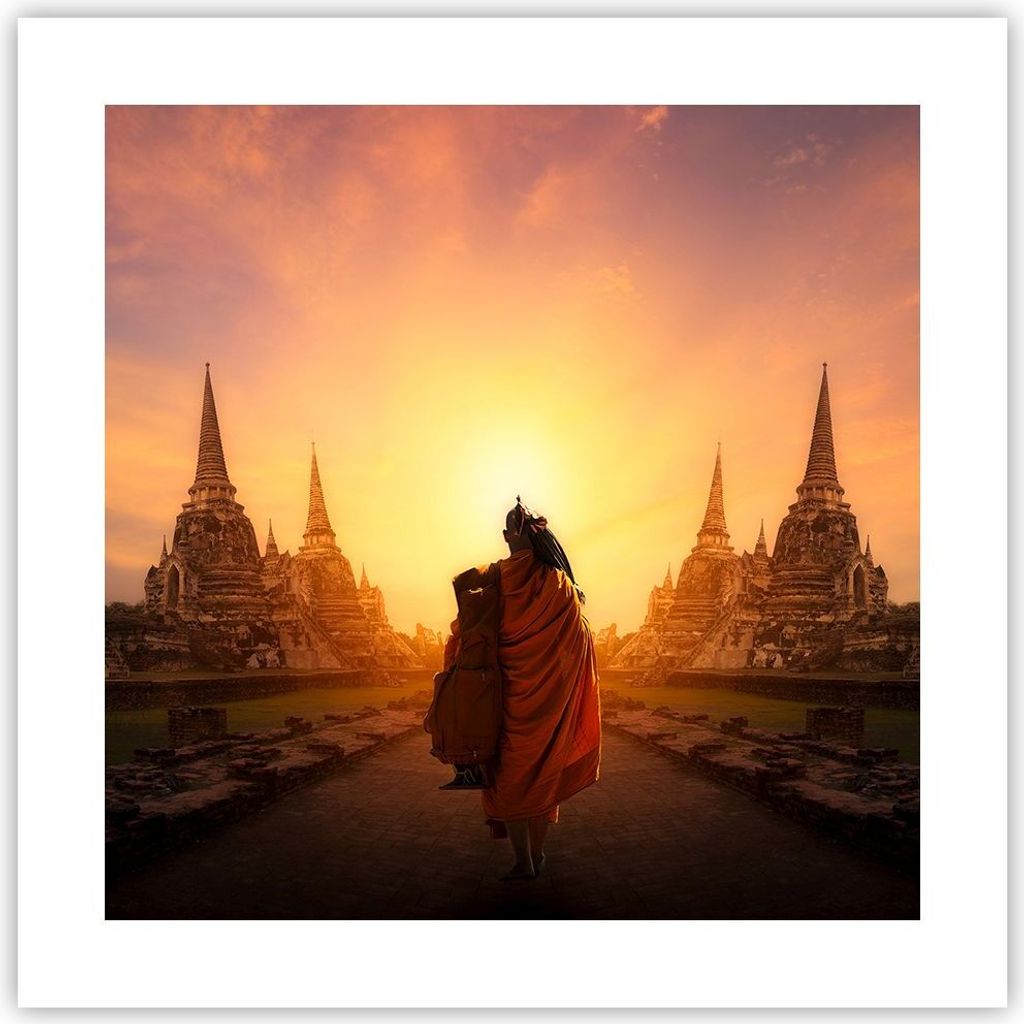 Poster - Poster ohne Rahmen - Tempel Mönch - 40x40 cm - Wand Bild - Wanddeko - Wandbilder - Kunstposter - Wandposter - Bilder - Kunstdruck - Wandd...