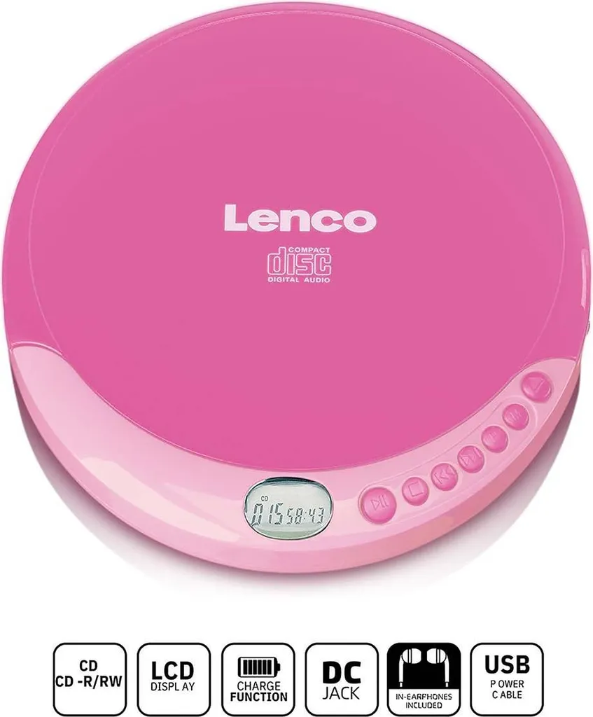 Lenco CD-011 Lecteur CD Rose Portable Fonction Recharge et Écran LCD