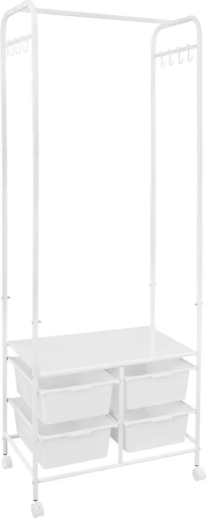 Porte-manteau à roulettes blanc avec 4 boîtes de rangement intégrées
