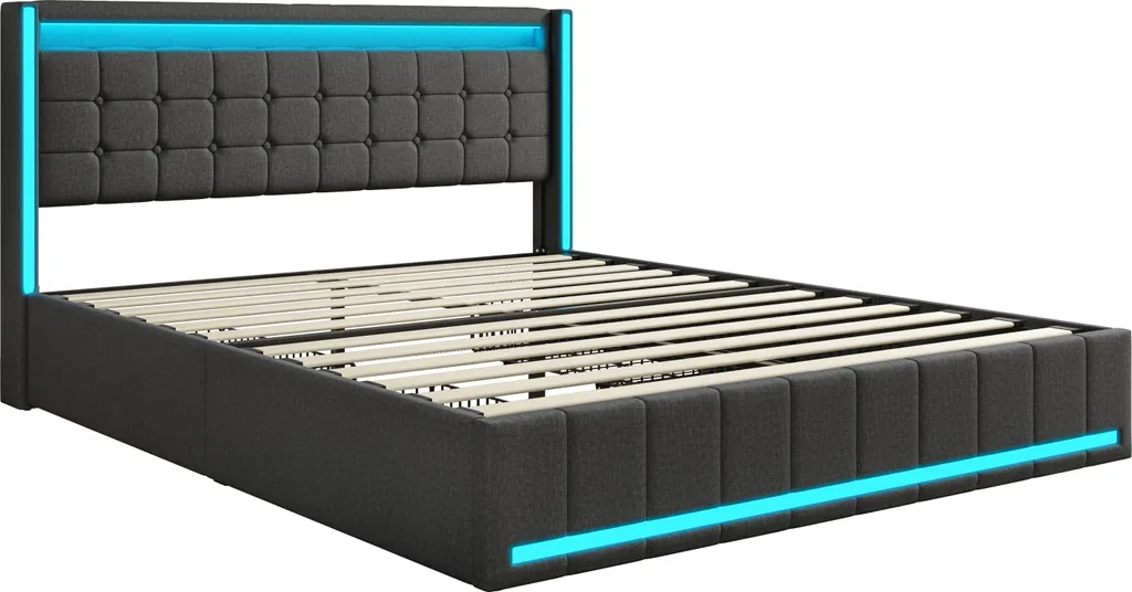 Lit double 160x200 cm gris avec LED et 4 tiroirs en métal collection Nora