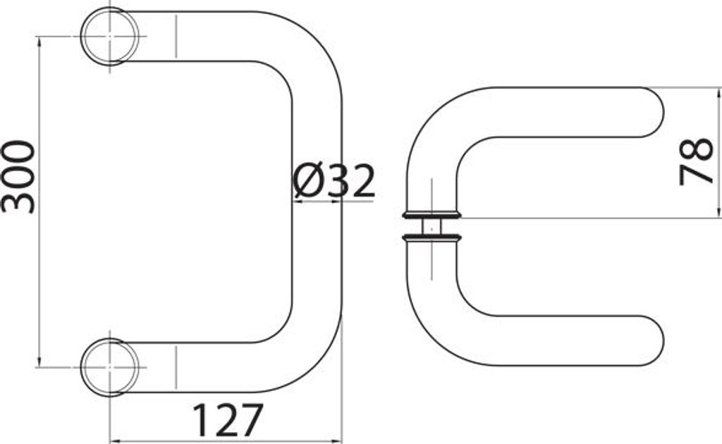 INOX-Türgriff, 2-seitig, rechteckig, Ø 32 X 300 mm, Edelstahl (SS304), matt (Garnitur), Schraubensatz, Ø 8
