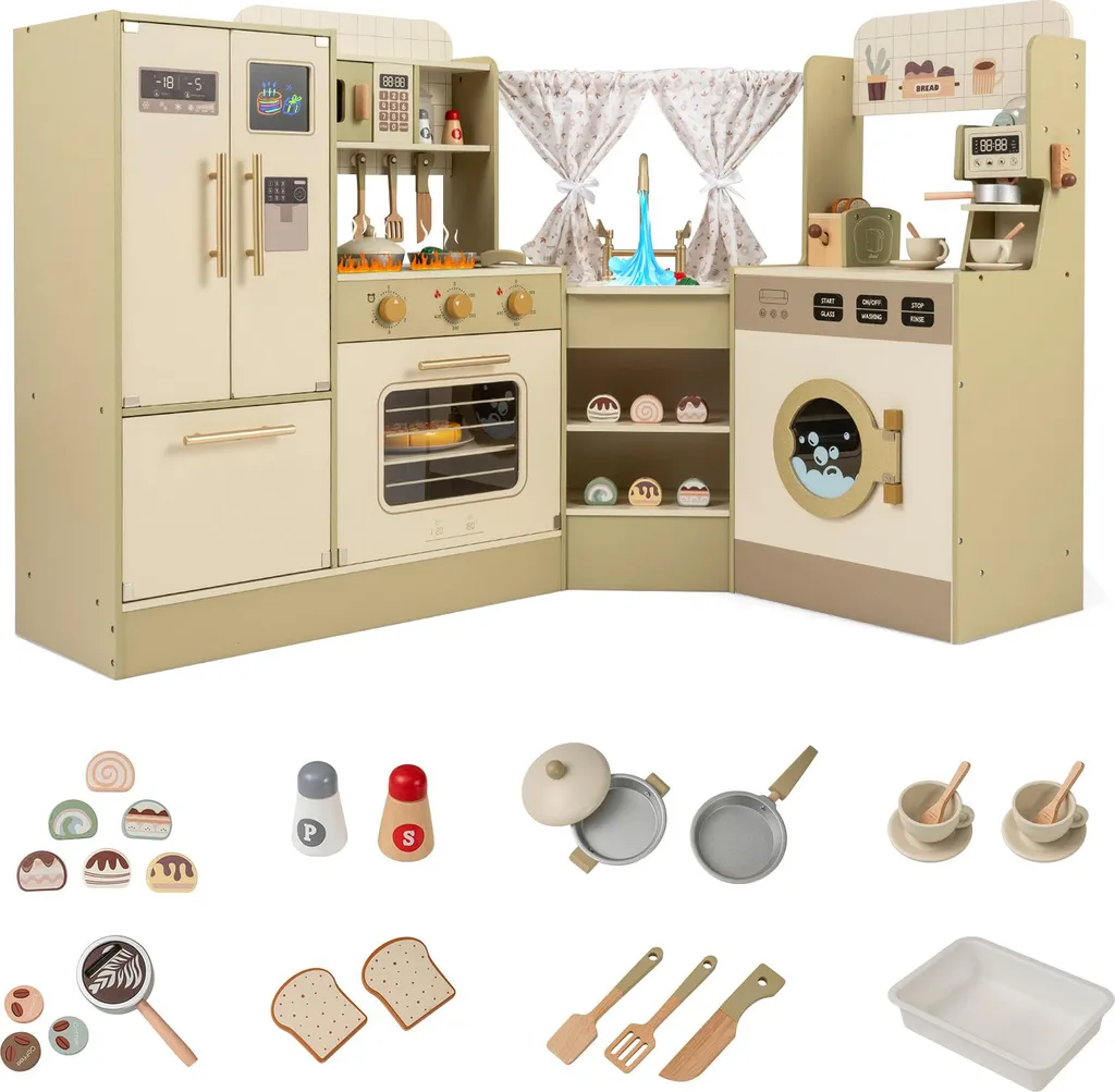 Grande cuisine en bois pour enfant d'angle avec électroménager complet