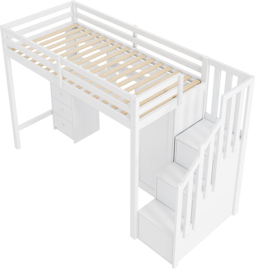Etagenbett mit Schreibtisch und Kleiderschrank, Treppe, multifunktionales Kinderbett, Kinderetagenbett, ausgestattet mit Schubladen und Treppenschr...