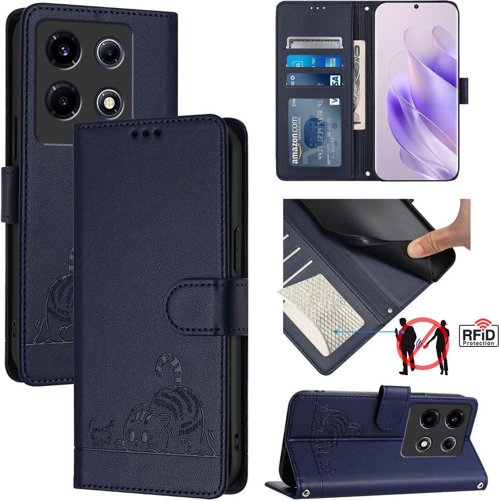 Leder Hülle für Infinix Note 30 VIP Süße Katze Flip Case Brieftasche Schutzhülle mit Standfunktion Blau