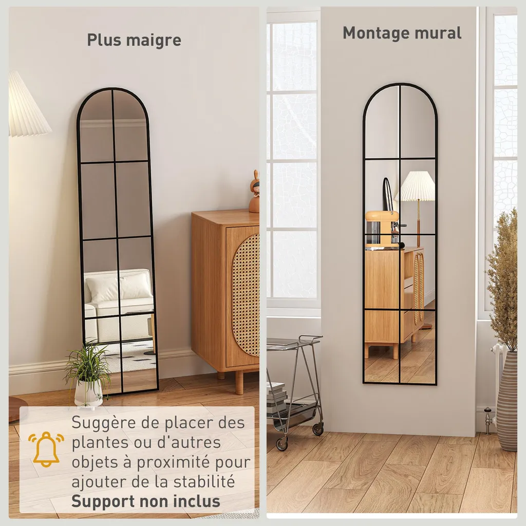 Grand Miroir Mural Noir 40x160 cm en Arche avec Cadre Métal Robuste