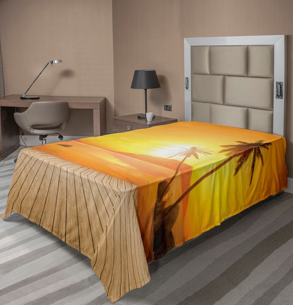 ABAKUHAUS Ozean Bettlaken, Sonnenuntergang Über Ozean Mit Palme Und Holzdeck Horizon Aussicht Bild Tropisch, weiches bequemes oberes Bettlaken fü...