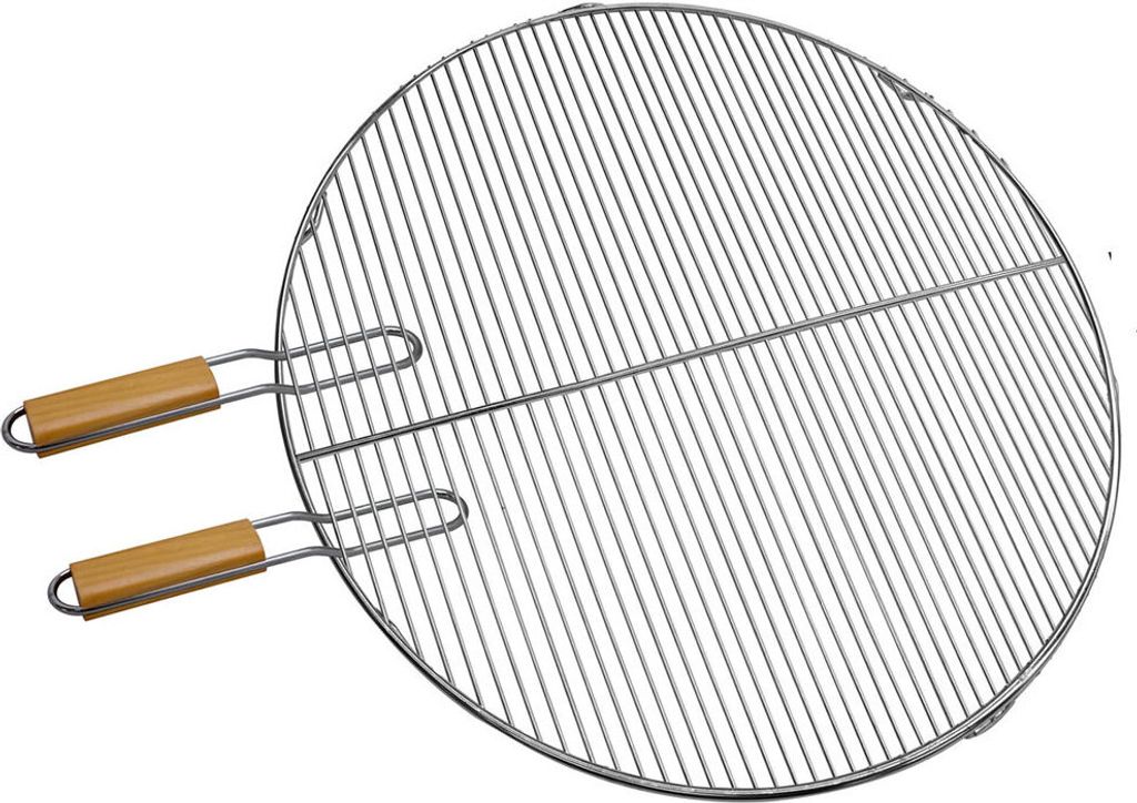 A round metal grill grate with two wooden handles, shown against a white background.