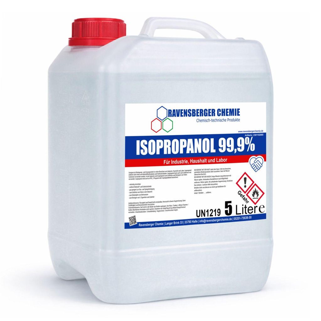 Ravensberger Chemie Isopropanol 99,9 % – hochreiner Alkohol zum Reinigen & Entfetten, rückstandsfrei, Lösemittel für Werkstatt & Industrie - 5...