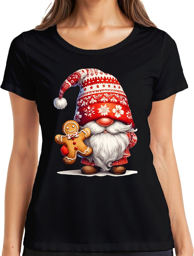 Weihnachtsmann mit Lebkuchenfigur roter Weihnachtsmütze Skandinavisch Damen T-Shirt, Schwarz, S