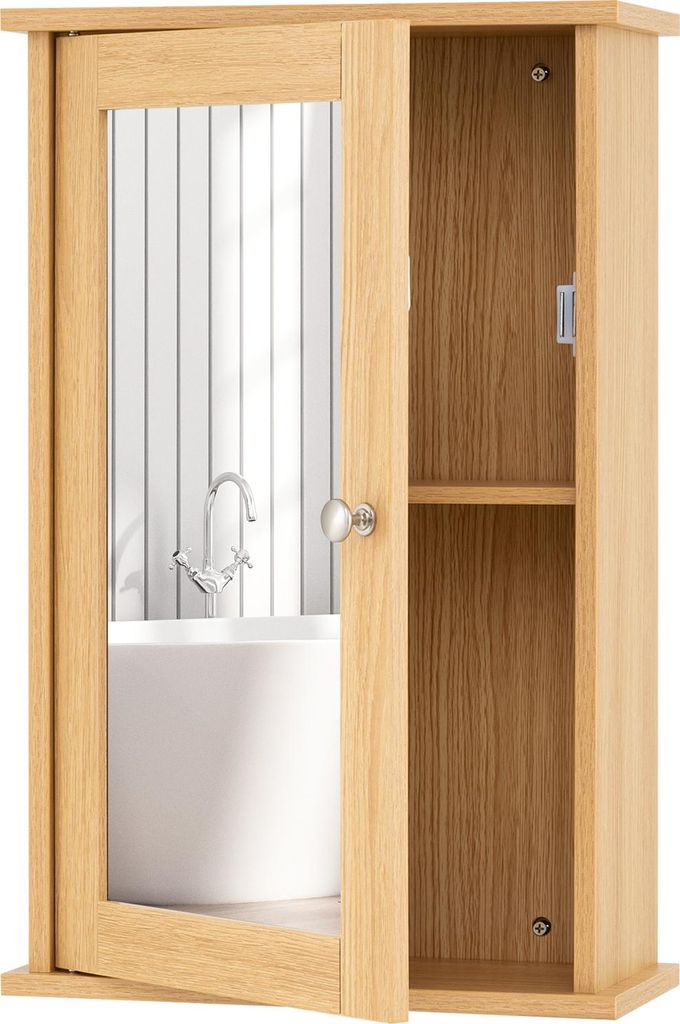 COSTWAY Bad Spiegelschrank, Hängeschrank mit Spiegeltür & Verstellbarer Ablage, Wandschrank Holz, Badezimmerspiegel 34 x 15 x 53cm (Natur)