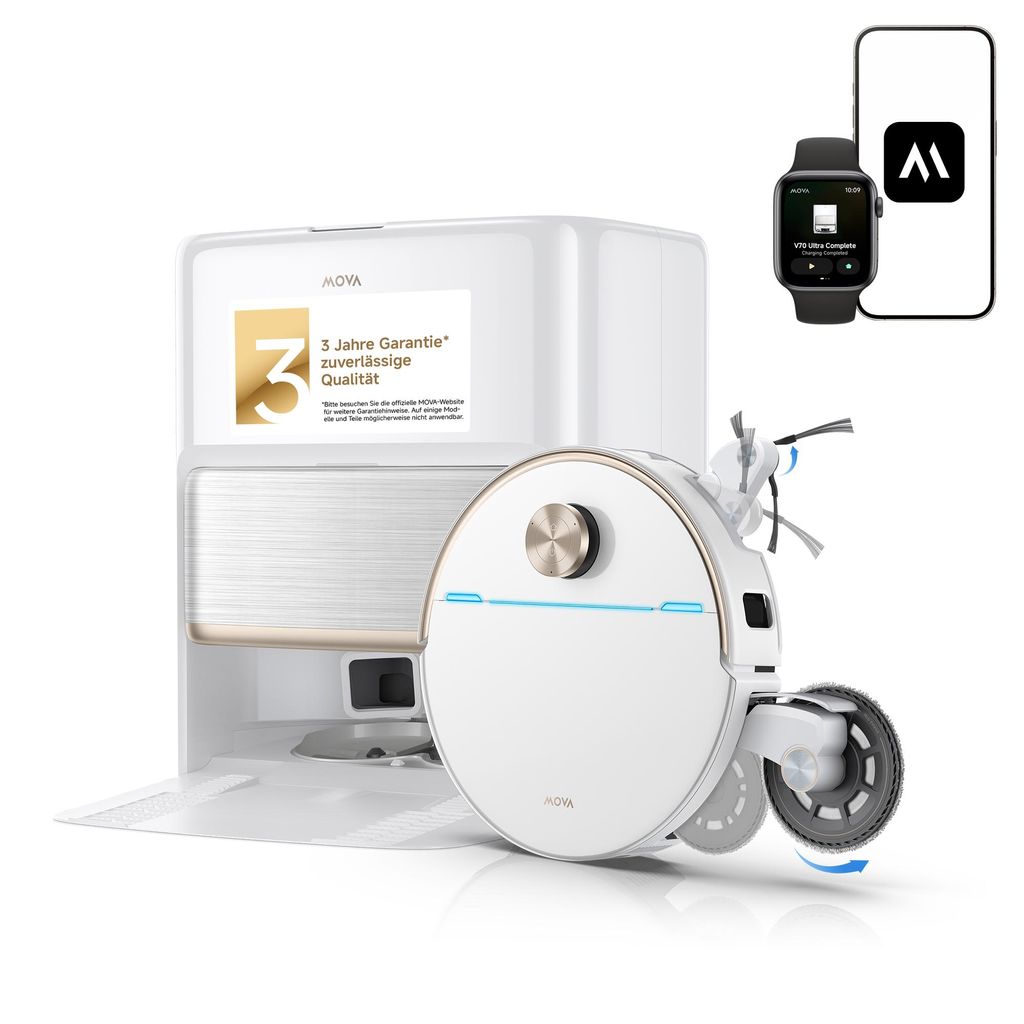 MOVA V70 Ultra Complete Saugroboter, 40000 Pa, MaxiReachX Kantenreinigung, 9 cm Hindernisüberwindung, EcoCyclone Staubabsaugung, All-in-One ...