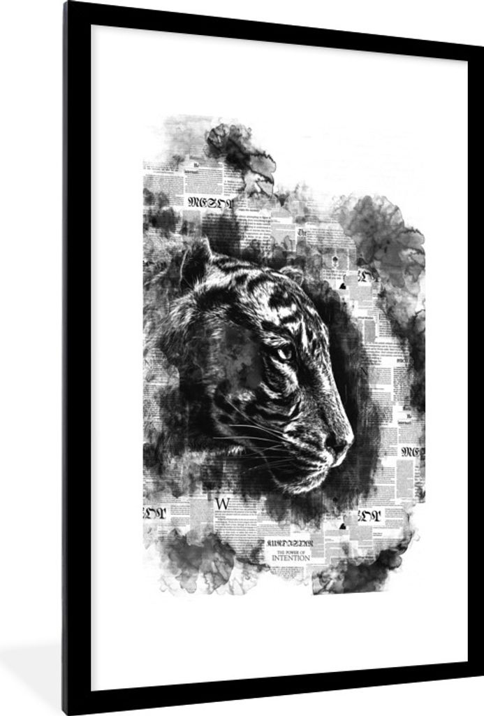 MuchoWow Gerahmtes Poster Kopf eines Tigers auf einem Hintergrund von Zeitungen - schwarz und weiß 60x90 cm - Poster mit Schwarzem Bilderrahmen ...