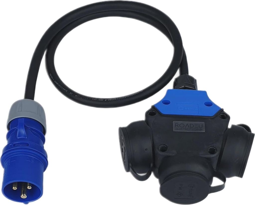 RoadEu - Camping Adapter - Stecker 16A 3P auf Schuko Kupplung 3X 230V - 3-Fach Schuko Steckdose - Verlängerungskabel 5 Meter