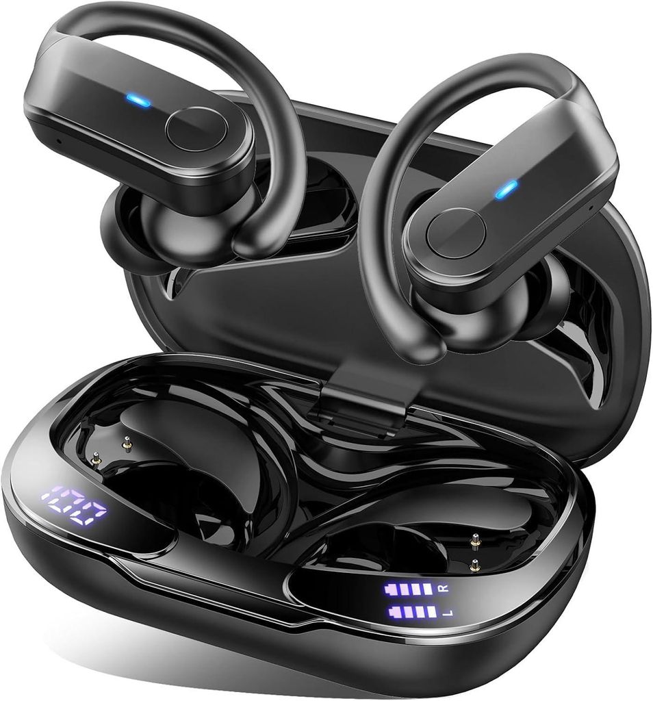 In Ear Kopfhörer Bluetooth 5.4, HiFi Stereo Tiefer Bass Kopfhörer mit 4 Noise Cancelling Mic, IPX8 Wasserdicht Ohrhörer mit Ohrhaken, LED-Anzeige