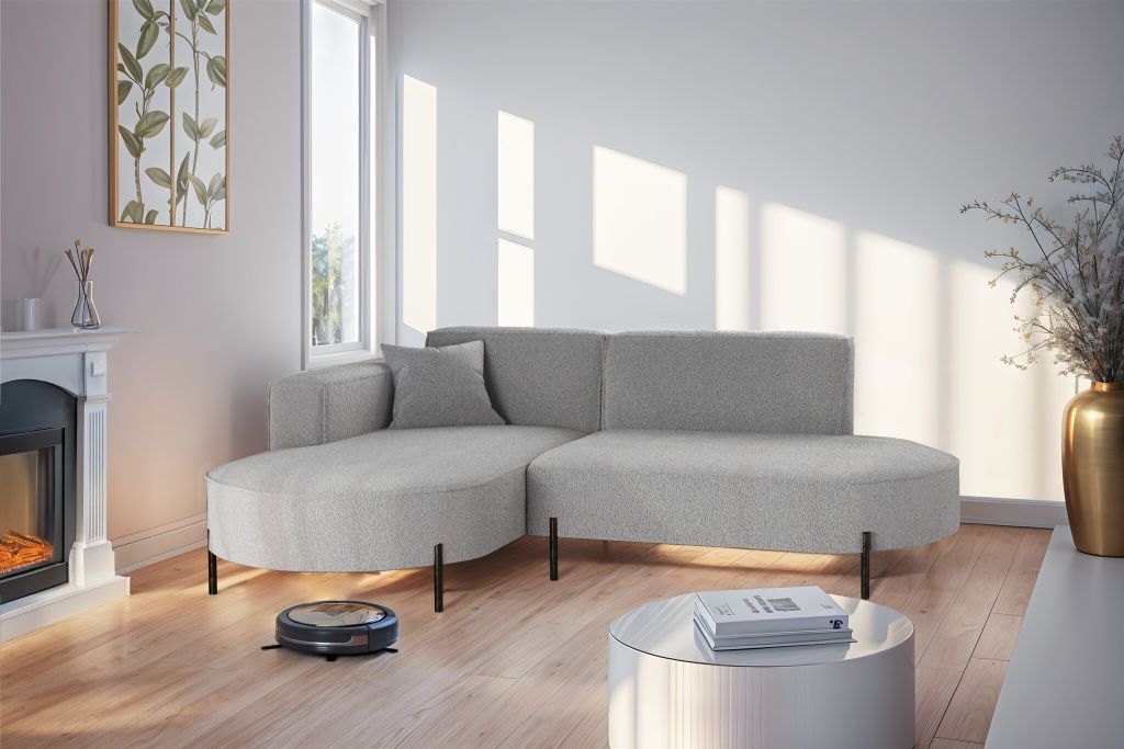 Ecksofa Designersofa VALENCIA XS in Stoff Quelle Hellgrau Ottomane Links