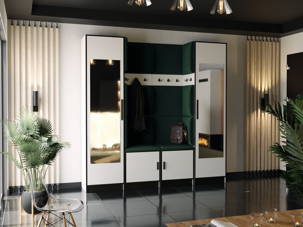 KIER FURNITURE Kleiderschrank, Weiß + Stoff Grün - 212,8xx205x39cm
