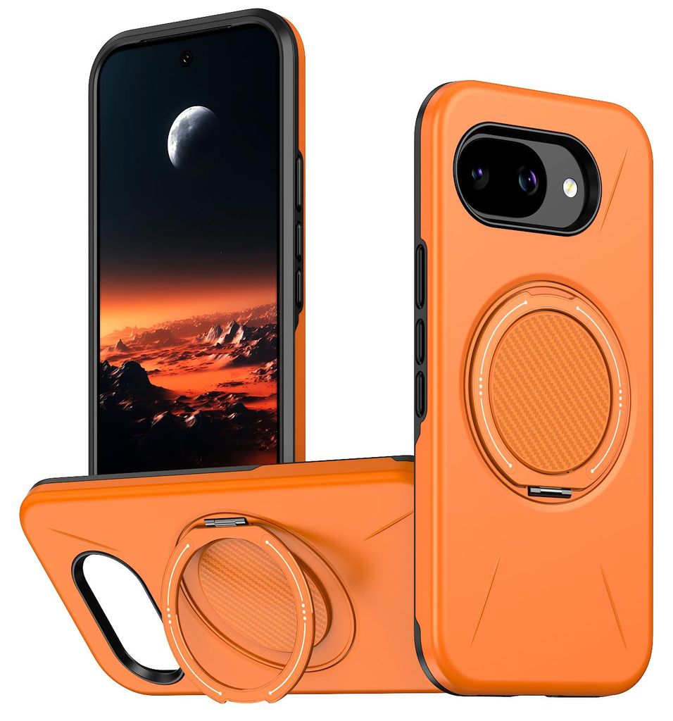 Magnetisch Hülle für Google Pixel 10A, Stoßfeste Weich TPU und Hard PC Schutzhülle mit Ringhalter Ständer Orange