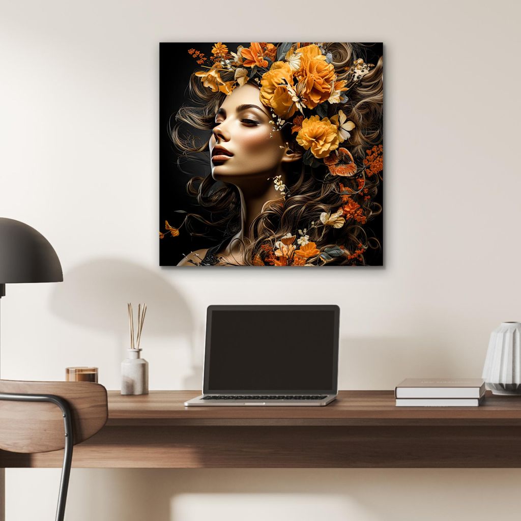 MuchoWow Wanddekoration Metall Metallbild Wandkunst 50x50 cm Frau - Porträt - Blumen - Farbenfroh MuchoWow Aluminium Gemälde - Alubild - Industrial