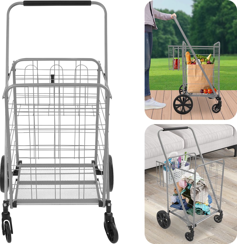 Doppelter Einkaufswagen, Schwerlast-Einkaufswagen, Einkaufswagen mit Rädern, Silber